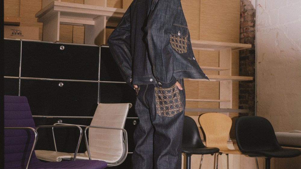 Hayato's new denim look with embroidery inspired by Thonet's Cesca chair designed by Marcel Breuer.