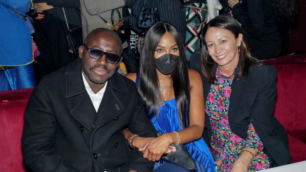 LONDON, ENGLAND - SEPTEMBER 16:  (L-R) Edward Enninful Naomi Campbell and Caroline Rush attend the LFW opening night party at The Windmill on September 16, 2021 in London, England. (Photo by Darren Gerrish/WireImage for BFC)