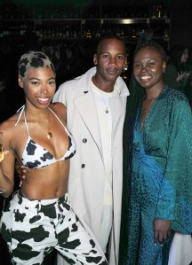 LONDON, ENGLAND - SEPTEMBER 16:  (L-R) Guest, Eric Underwood and Deborah Ababio attend the LFW opening night party at The Windmill on September 16, 2021 in London, England. (Photo by Darren Gerrish/WireImage for BFC)