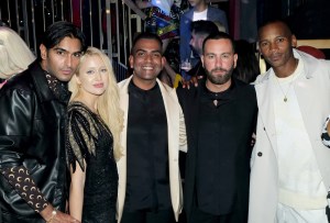 LONDON, ENGLAND - SEPTEMBER 16:  Kaushik Velendra (C), Eric Underwood (R) and guests attend the LFW opening night party at The Windmill on September 16, 2021 in London, England. (Photo by Darren Gerrish/WireImage for BFC)