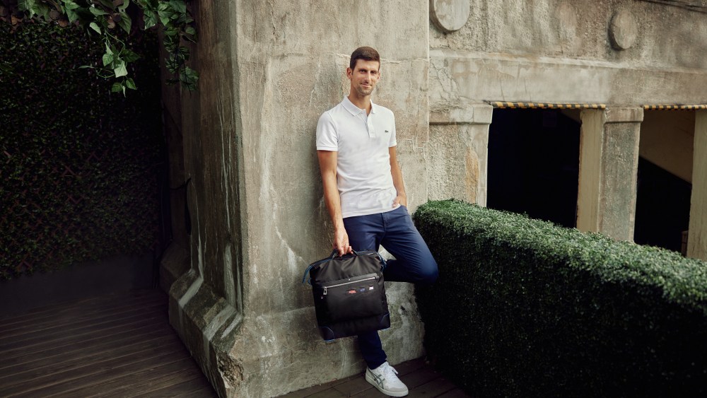 Novak Djokovic with the bag he designed for Montblanc.