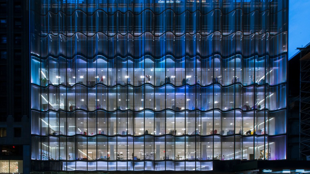 The Nordstrom 57th Street flagship in Manhattan has a dramatic waveform glass façade