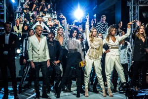 Dudley O'Shaughnessy, Karlie Kloss, Kendall Jenner, Gigi Hadid, Jourdan Dunn on the runway of Balmain x H&M, 2015.
