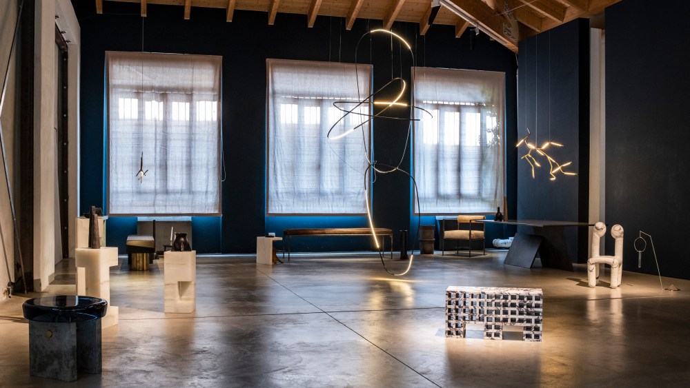 The "Rick Owens Dialog with Emerging Italian Designers" exhibit in Milan during Design Week.