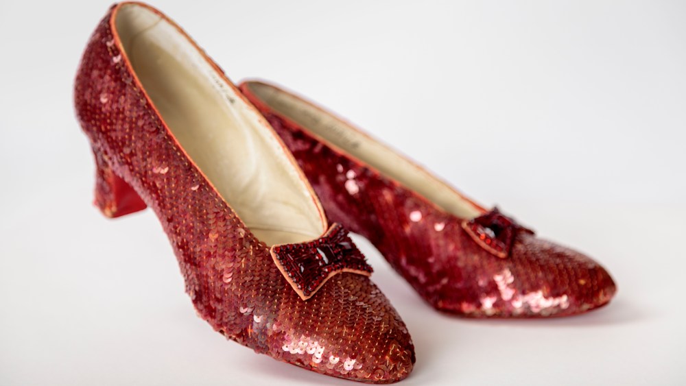 Screen-used close-up pair of the ruby slippers, designed by Adrian, from "The Wizard of Oz" (1939). Academy Museum of Motion Pictures.
