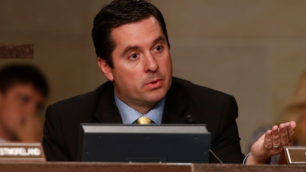 Rep. Devin Nunes, R-Calif., questions Deputy Attorney General James Cole; Chris Inglis, deputy director of the National Security Agency; Gen. Keith B. Alexander, director of the National Security Agency; Deputy Director of the FBI Sean Joyce, and Robert Litt, general counsel to the Office of the Director of National Intelligence; as they testify before the House Permanent Select Committee on Intelligence regarding NSA surveillance in Washington, Tuesday, June 18, 2013. (AP Photo/Charles Dharapak)