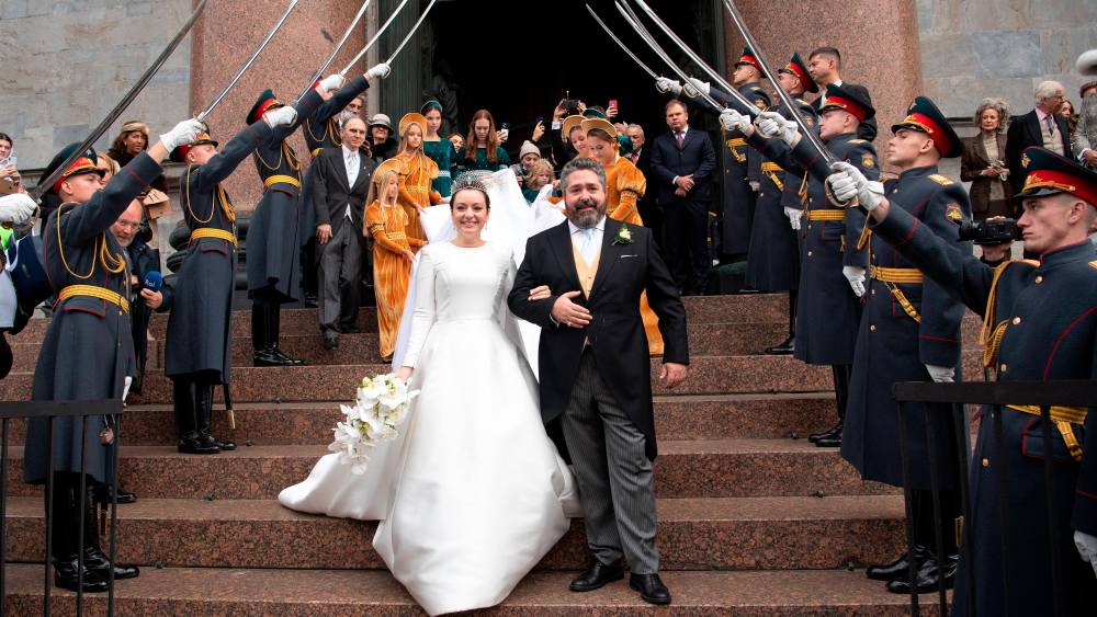 Wedding ceremony of Grand Duke George Mikhailovich of Russia and his fiancee, Italian citizen Rebecca (Victoria) Bettarini, at St Isaac's Cathedral, St Petersburg, Russia on September 30, 2021. Photo by David Niviere/Abaca/Sipa USA(Sipa via AP Images)