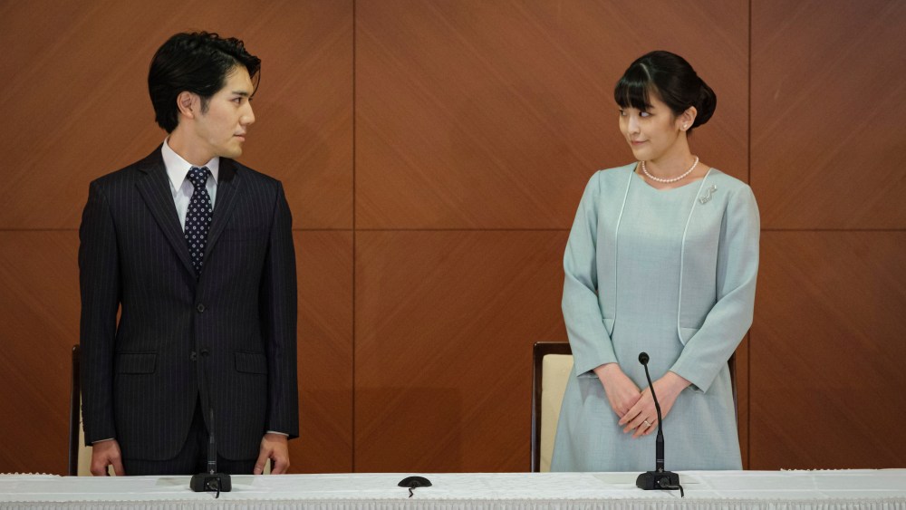 Princess Mako, the elder daughter of Prince Akishino and Princess Kiko, and her husband Kei Komuro, a university friend of Princess Mako, poses during a press conference to announce their wedding at Grand Arc Hotel in Tokyo, Japan on October 26, 2021. (Photo by Nicolas Datiche / POOL / SOPA Images/Sipa USA)(Sipa via AP Images)