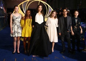 Angelina Jolie, third from left, poses with her children Shiloh Jolie-Pitt, from left, Zahara Jolie-Pitt, Vivienne Jolie-Pitt, Maddox Jolie-Pitt and Knox Jolie-Pitt upon arrival at the premiere of the film 'Eternals' on Wednesday, Oct. 27, 2021, in London. (Photo by Joel C Ryan/Invision/AP)