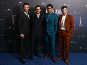 Richard Madden, from left, Kit Harington, Kumail Nanjiani and Barry Keoghan pose for photographers upon arrival at the premiere of the film 'Eternals' on Wednesday, Oct. 27, 2021, in London. (Photo by Joel C Ryan/Invision/AP)