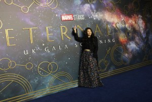 Director Chloe Zhao poses for photographers upon arrival at the premiere of the film 'Eternals' on Wednesday, Oct. 27, 2021 in London. (Photo by Vianney Le Caer/Invision/AP)