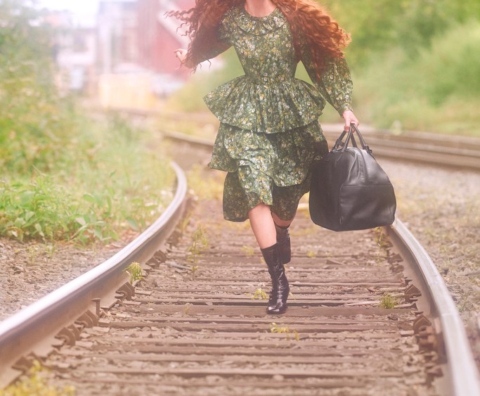 Batsheva Hay wearing one of her collaborative designs for Laura Ashley.