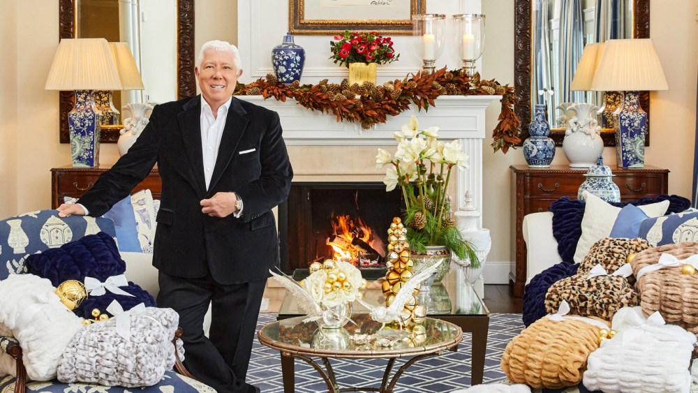 Dennis Basso in the new ad that was shot in his Hamptons home. The designer is launching the Hotel Du Kobb home line.