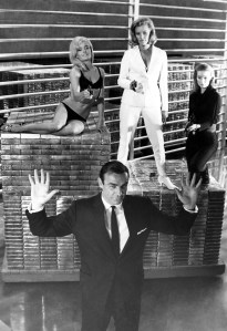 Sean Connery, Shirley Eaton, Honor Blackman, and Tania Mallett, in :Goldfinger", 1964