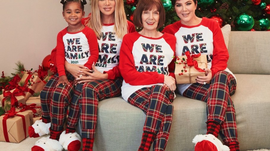 Khloé Kardashian and her daughter, True, and Kris Jenner and her mom, MJ Shannon wear The Children's Place 2021 Holiday Matching Family Pajamas.