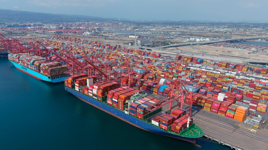 Cargo container vessels ships are backlogged at the Port of Long Beach, Wednesday, Sept. 29, 2021, in Long Beach, Calif.