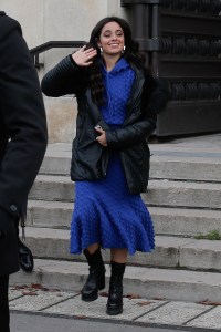 Camila Cabello, platform boots, combat boots, black boots, blue dress, hoodie, Paris Fashion Week, L'Oreal