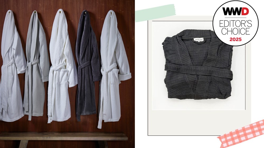 five bathrobes in different colors hanging on hooks; a bathrobe from parachute in a dark hue, folded up and photographed over a white background