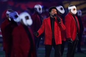 The Weeknd performs during the halftime show of the NFL Super Bowl 55 football game between the Kansas City Chiefs and Tampa Bay Buccaneers, Sunday, Feb. 7, 2021, in Tampa, Fla. (AP Photo/Ashley Landis)