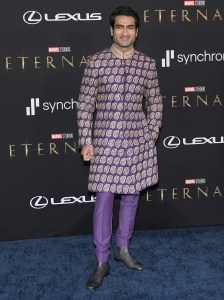 Kumail Nanjiani arrives at Marvel Studios' ETERNALS Los Angeles Premiere held at The Dolby Theater in Hollywood, CA on Monday, ​October 18, 2021. (Photo By Sthanlee B. Mirador/Sipa USA)(Sipa via AP Images)