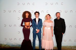 Zendaya, Timothee Chalamet, Rebecca Ferguson, Denis Villeneuve pose during preview of the film Dune at grand rex , in Paris, France, on September 06, 2021. (Sipa via AP Images)