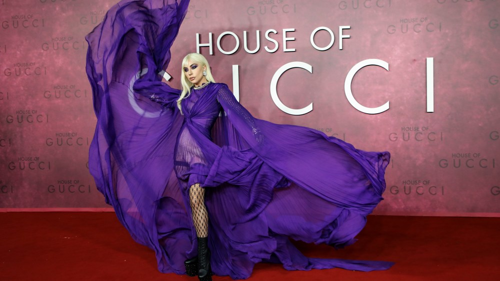 Lady Gaga poses for photographers upon arrival at the World premiere of the film 'House of Gucci' in London Tuesday, Nov. 9, 2021. (Photo by Vianney Le Caer/Invision/AP)