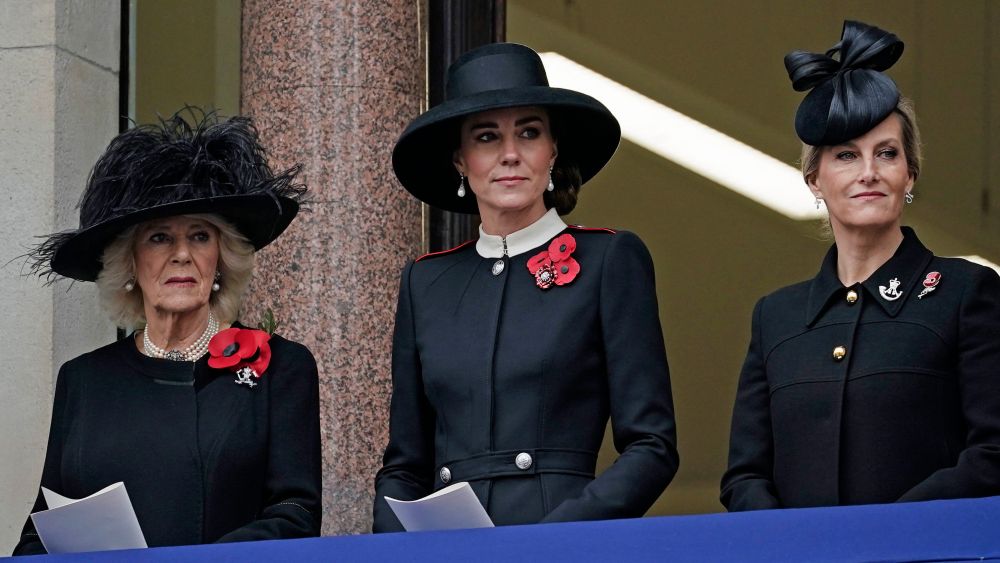 Camilla, Duchess of Cornwall, left, Kate, Duchess of Cambridge and Sophie, Countess of Wessex, right, stand on the balcony of the Foreign Office during the Remembrance Sunday service at the Cenotaph, in Whitehall, London, Sunday Nov. 14, 2021. (Aaron Chown/Pool via AP)