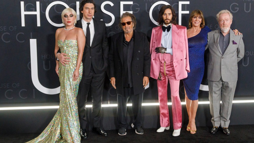 Lady Gaga, from left, Adam Driver, Al Pacino, Jared Leto, Giannina Facio and Ridley Scott attend "The House of Gucci" LA premiere at the Academy Museum of Motion Pictures on Thursday, Nov. 18, 2021, in Los Angeles. (Photo by Willy Sanjuan/Invision/AP)