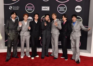 BTS arrives at the American Music Awards on Sunday, Nov. 21, 2021, at Microsoft Theater in Los Angeles. (Photo by Jordan Strauss/Invision/AP)
