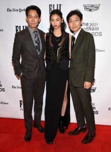 Lee Jung-jae, from left, Jung Hoyeon and creator Hwang Dong-hyuk, of "Squid Game," attend the Gotham Awards at Cipriani Wall Street on Monday, Nov. 29, 2021, in New York. (Photo by Evan Agostini/Invision/AP)