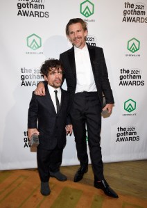 Peter Dinklage, left, and Ethan Hawke pose together in the winters room at the Gotham Awards at Cipriani Wall Street on Monday, Nov. 29, 2021, in New York. (Photo by Evan Agostini/Invision/AP)