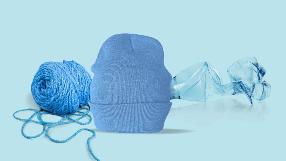 Recycled polyester image of plastic bottle, yarn and then a beanie