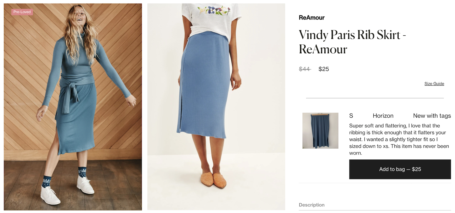 Amour Vert’s resale program, called ReAmour, is operated by Recurate and enables shoppers to sell their previously owned garments.