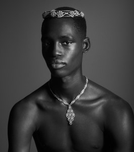 Kwiat’s platinum and diamond headband. Bulgari’s 18-karat white gold and pavé diamond Serpenti necklace.