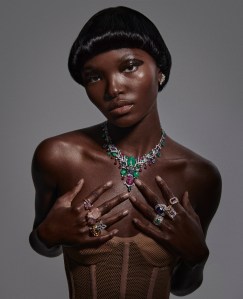 Cartier’s Sixième Sens high jewelry Tutti Frutti necklace in platinum, emeralds, rubies, sapphires, onyx and diamonds. From left: Dior’s Tête de Mort ring in yellow gold, diamonds, amethyst and tsavorite garnets; Dior’s Rose Dior Pré Catelan ring in pink gold, diamonds and pink quartz; Roberto Coin’s Dia Princess ring in diamonds in 18-karat white gold, and Dior’s Diorette ring in yellow gold, diamond, citrine and lacquer.Second hand, from left: Buccellati’s Band ring in 18-karat yellow and white gold set with emerald and diamonds; Cotife x Jedora’s 18-karat white gold cushion-cut tanzanite and diamond ring (on top); Misahara’s scapolite ring set in 18-karat yellow gold, Sorellina’s emerald cut nomad ring in 18-karat yellow gold, purple spinel and diamond pavé. Rozie Corsets' polyester corset.