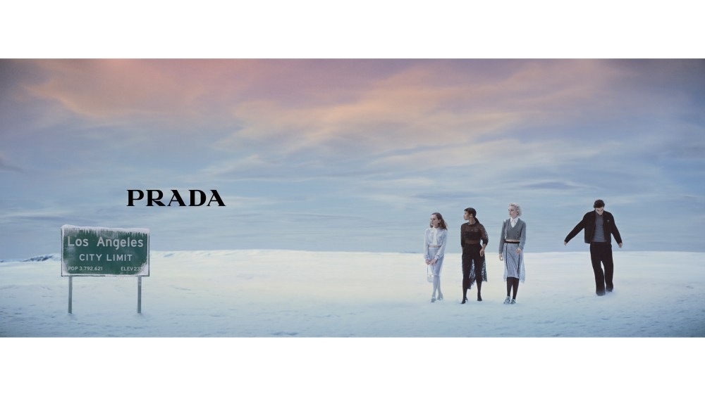 Julia Garner, Shira Haas, Louis Partridge and Taylor Russell in Prada Holiday 2021 ad campaign