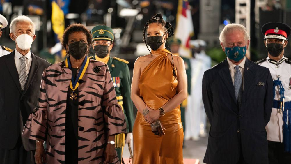 Rihanna and Prince Charles attend the Transition Ceremony to a republic in Bridgetown Barbados. 30 Nov 2021 Pictured: Rihanna. Photo credit: News Licensing / MEGA TheMegaAgency.com +1 888 505 6342 (Mega Agency TagID: MEGA809608_007.jpg) [Photo via Mega Agency]