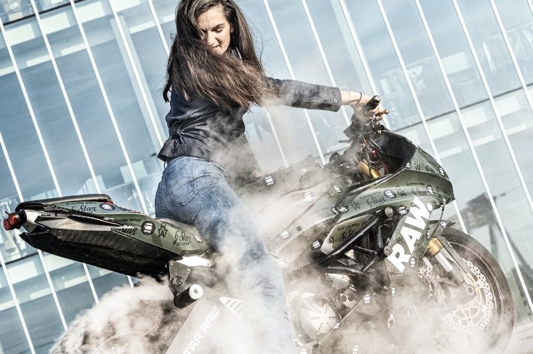 Hollywood stuntwoman Sarah Lezito pops wheelies and rocks skinny jeans in G-Star Raw's new campaign.