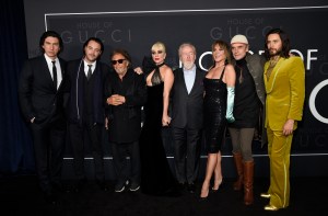 Adam Driver, from left, Jack Huston, Al Pacino, Lady Gaga, director Ridley Scott, Giannina Facio, Jeremy Irons, and Jared Leto attend the premiere of "House of Gucci" at Rose Theater at Jazz at Lincoln Center on Tuesday, Nov. 16, 2021, in New York. (Photo by Evan Agostini/Invision/AP)