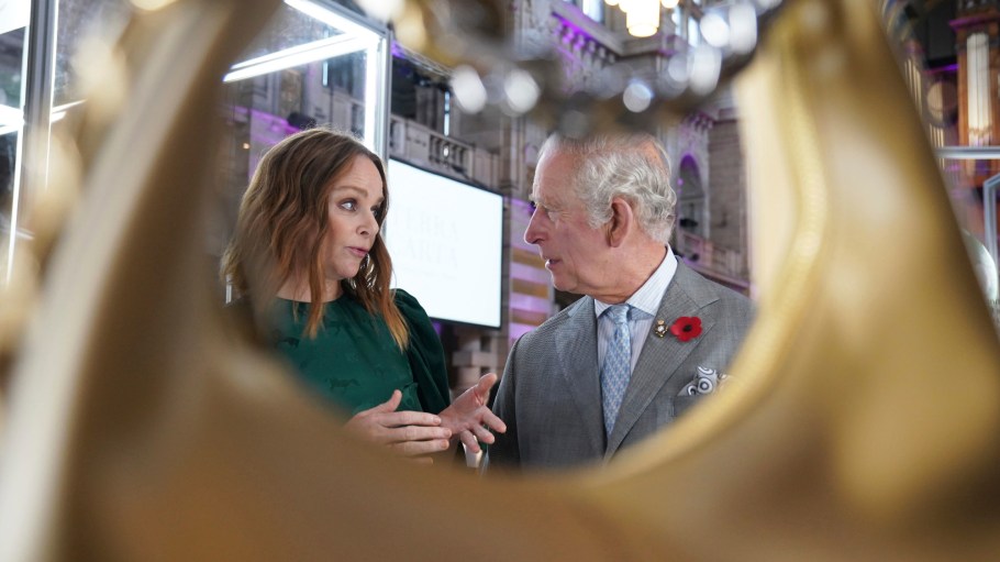 The Prince of Wales speaks with Stella McCartney as he views a fashion installation by the designer, at the Kelvingrove Art Gallery and Museum, during the Cop26 summit being held at the Scottish Event Campus (SEC) in Glasgow.