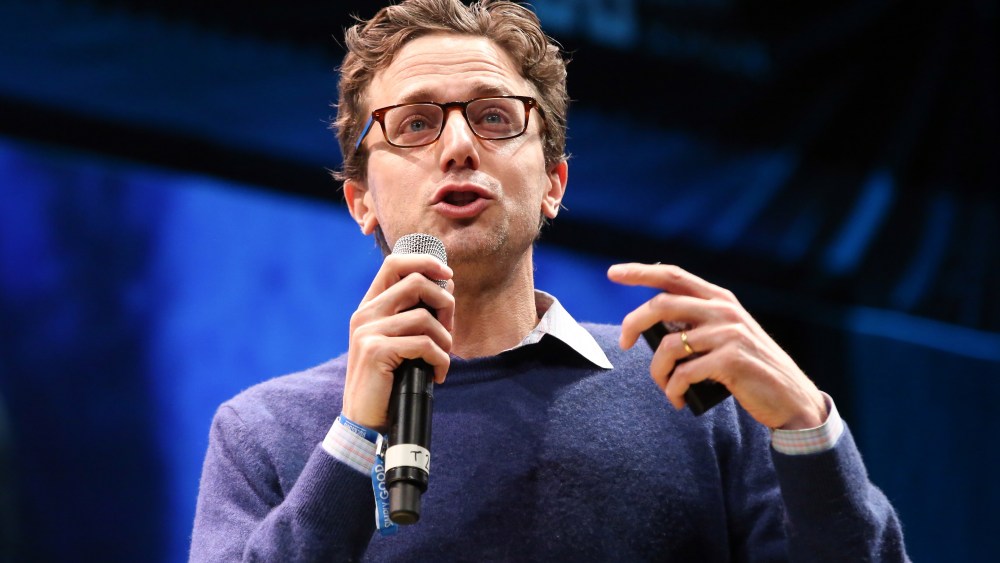 The founder of the  social news and entertainment website BuzzFeed, Jonah Peretti, speaks at the conference 'Online Marketing Rockstars' in Hamburg, Germany, 21 February 2014. The conference unites experts and newcomers to catch up on trends and tricks in digital marketing. Photo by: Bodo Marks/picture-alliance/dpa/AP Images