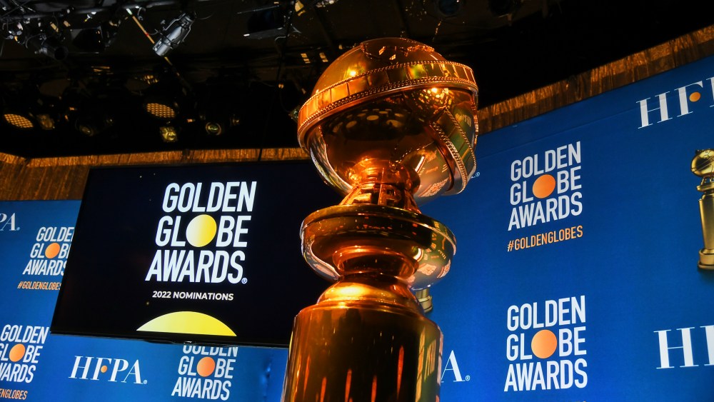 A view of the Golden Globe statue on stage before HFPA President Helen Hoehne announces the nominations for the 79th Annual Golden Globes at the Beverly Hilton Hotel on December 13, 2021 in Beverly Hills, California.
