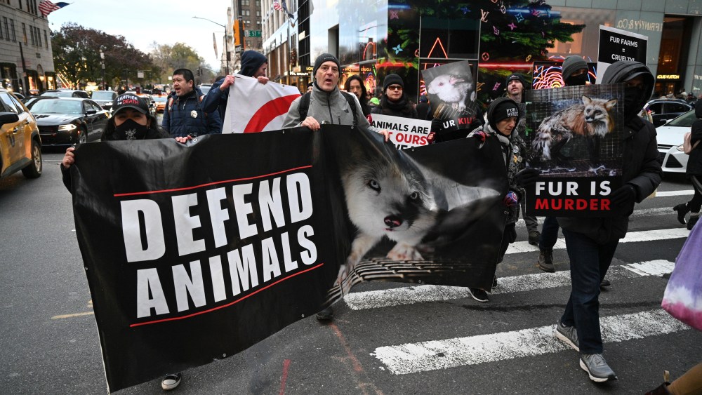 Photo by: NDZ/STAR MAX/IPx 2021 11/26/21 Anti-fur demonstrators protest outside the Louis Vuitton store on Fifth Avenue on November 26, 2021 in New York.