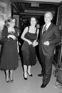 (L-R) Joan Didion, Quintana Roo Dunne, and John Gregory Dunne attend a party at the Bistro restaurant in Beverly Hills, California, 1982.