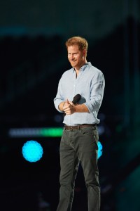 Prince Harry speaks at  Global Citizen’s Vax Live at SoFi Stadium in Inglewood, California, 2021.