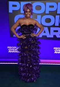 Laverne Cox arrives at the People's Choice Awards on Tuesday, Dec. 7, 2021, at the Barker Hangar in Santa Monica, Calif. (Photo by Jordan Strauss/Invision/AP)