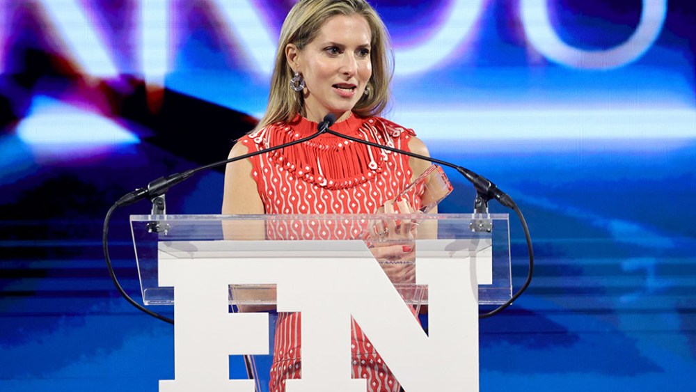 NEW YORK, NEW YORK - NOVEMBER 30: Co-Founder & CCO- Larroude, Marianna Larroude speaks onstage at the 35th Annual Footwear News Achievement Awards on November 30, 2021 in New York City. (Photo by Jamie McCarthy/Getty Images for Footwear News)