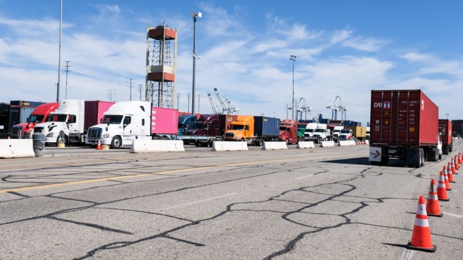 Trucks idle at the Port of Long Beach.