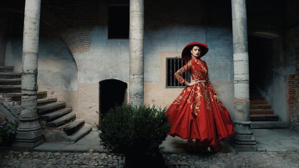 Penélope Cruz wearing the Tatiana Usova Inspired by Velázquez coat, haute couture Autumn-Winter 2007, Le Bal des Artistes, photographed by Annie Leibovitz, Vogue US, December 2007.