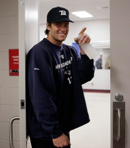 New England Patriots quarterback Tom Brady gestures as he departs the locker room at Gillette Stadium after speaking with reporters, in Foxborough, Mass., Wednesday, Dec. 9, 2009.  Brady's wife Gisele Bundchen gave birth Tuesday to a boy, her first child. The quarterback said mother and son were doing well, but that no name had been chosen. (AP Photo/Steven Senne)